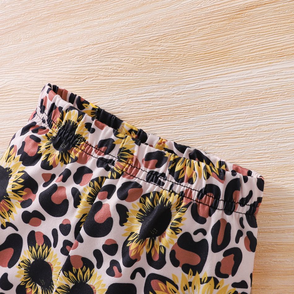 3pcs Baby Girl Letter Print Long-sleeve Romper with Sunflowers Floral Print Leopard Flared Pants and Headband Set Black big image 7