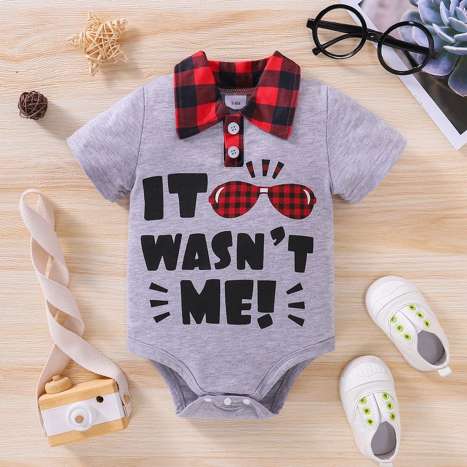 Baby Boy Plaid Sunglasses and Letter Print Contrast Collar Short-sleeve Romper Grey