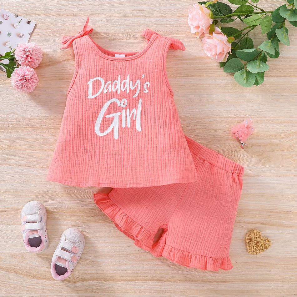 2-piece Toddler Girl 100% Cotton Letter Print Bowknot Design Sleeveless Tee and Ruffled Pink Shorts Set Pink
