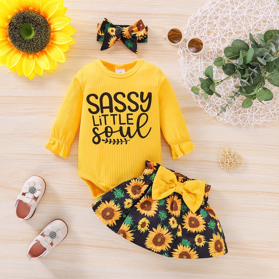 3pcs Baby Girl Letter Print Ribbed Long-sleeve Romper with Sunflowers Floral Print Skirt and Headband Set Yellow