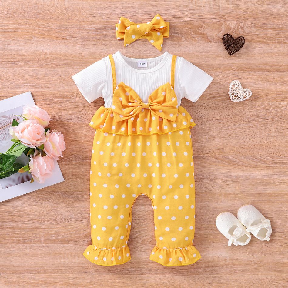2pcs Baby Girl Polka Dots Faux-two Ribbed Short-sleeve Bowknot Ruffle Jumpsuit with Headband Set Yellow