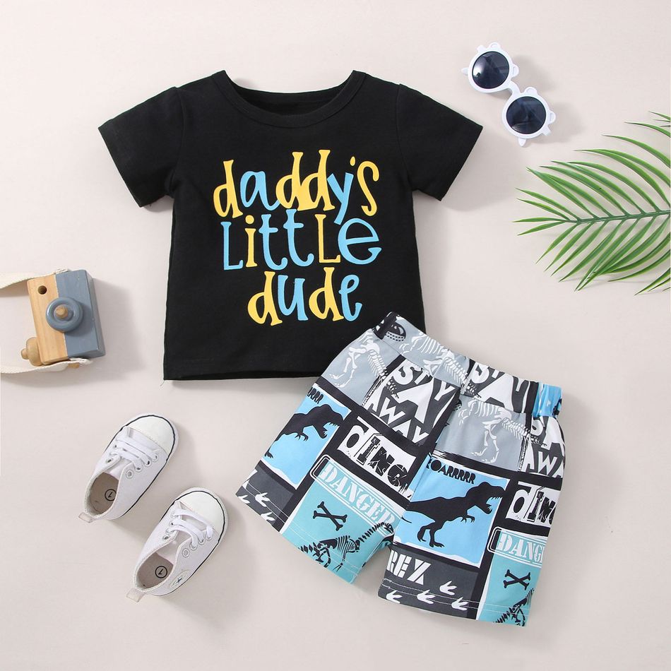 2pcs Baby Boy Letter Print Short-sleeve T-shirt and Dinosaur Print Shorts Set Black