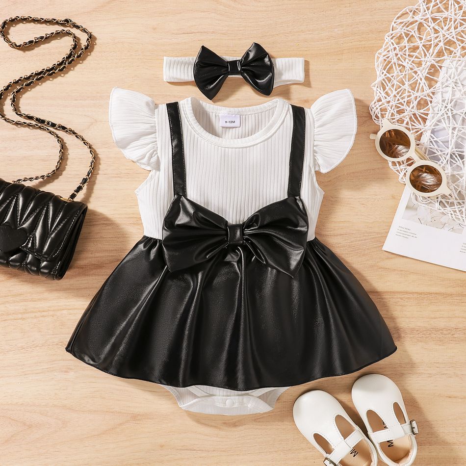2pcs Baby Girl Ribbed Splicing Faux Leather Bowknot Flutter-sleeve Romper Dress with Headband Set Black