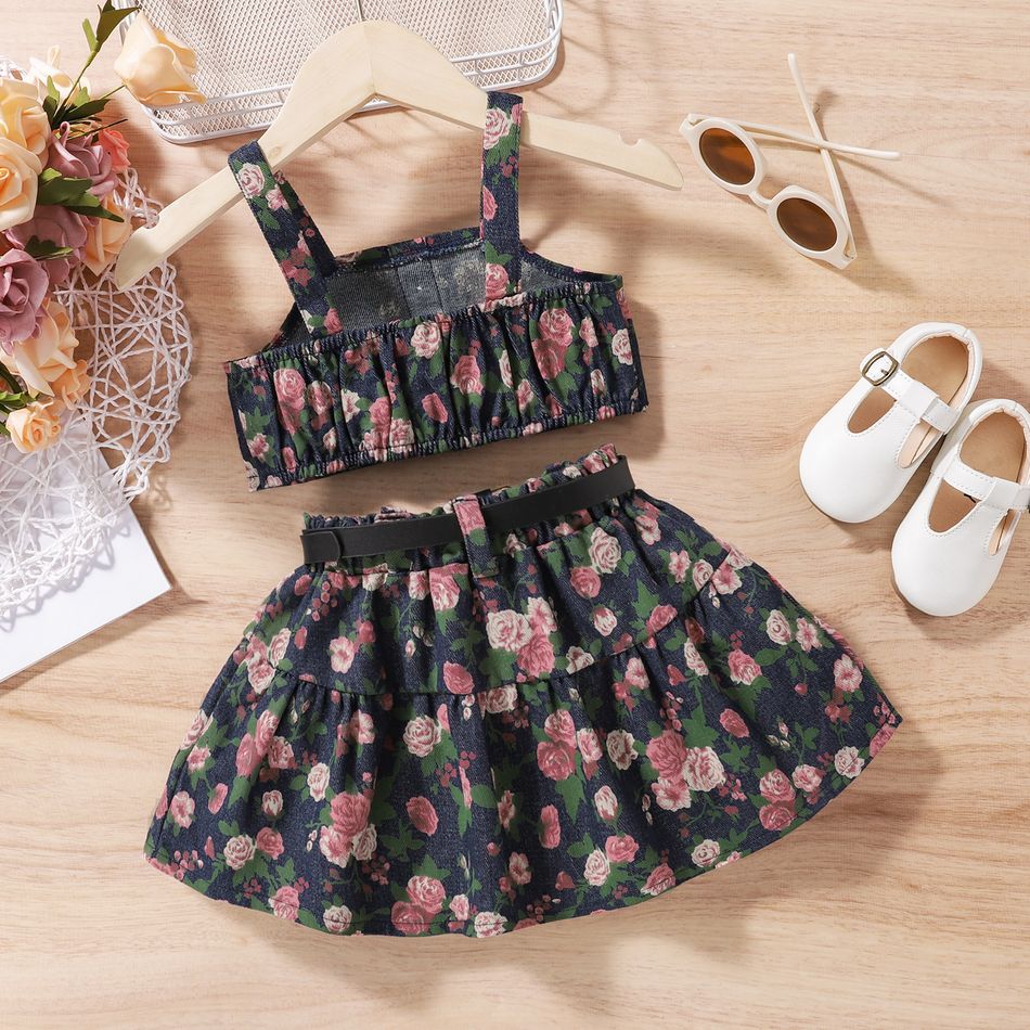 2pcs Baby Girl Floral Print Denim Spaghetti Strap Crop Top and Belted Layered Skirt Set Blue big image 2