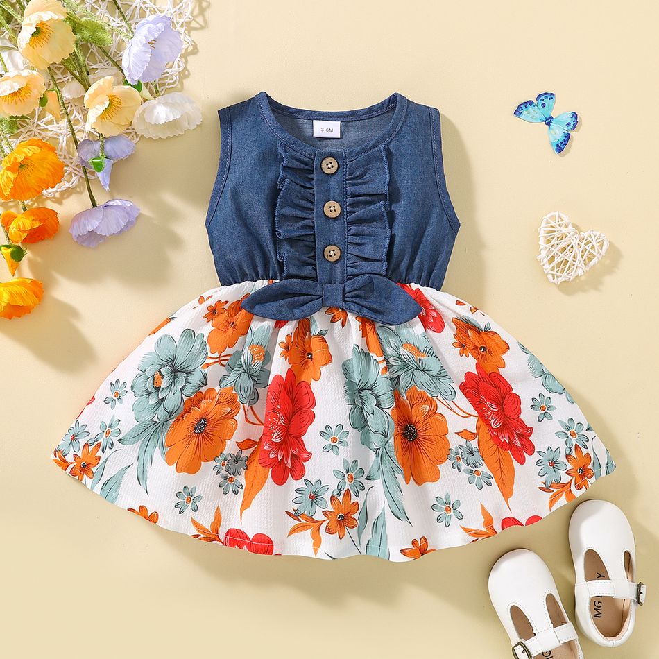 Baby Girl Button Design Imitation Denim Splicing Floral Print Sleeveless Tank Dress Blue