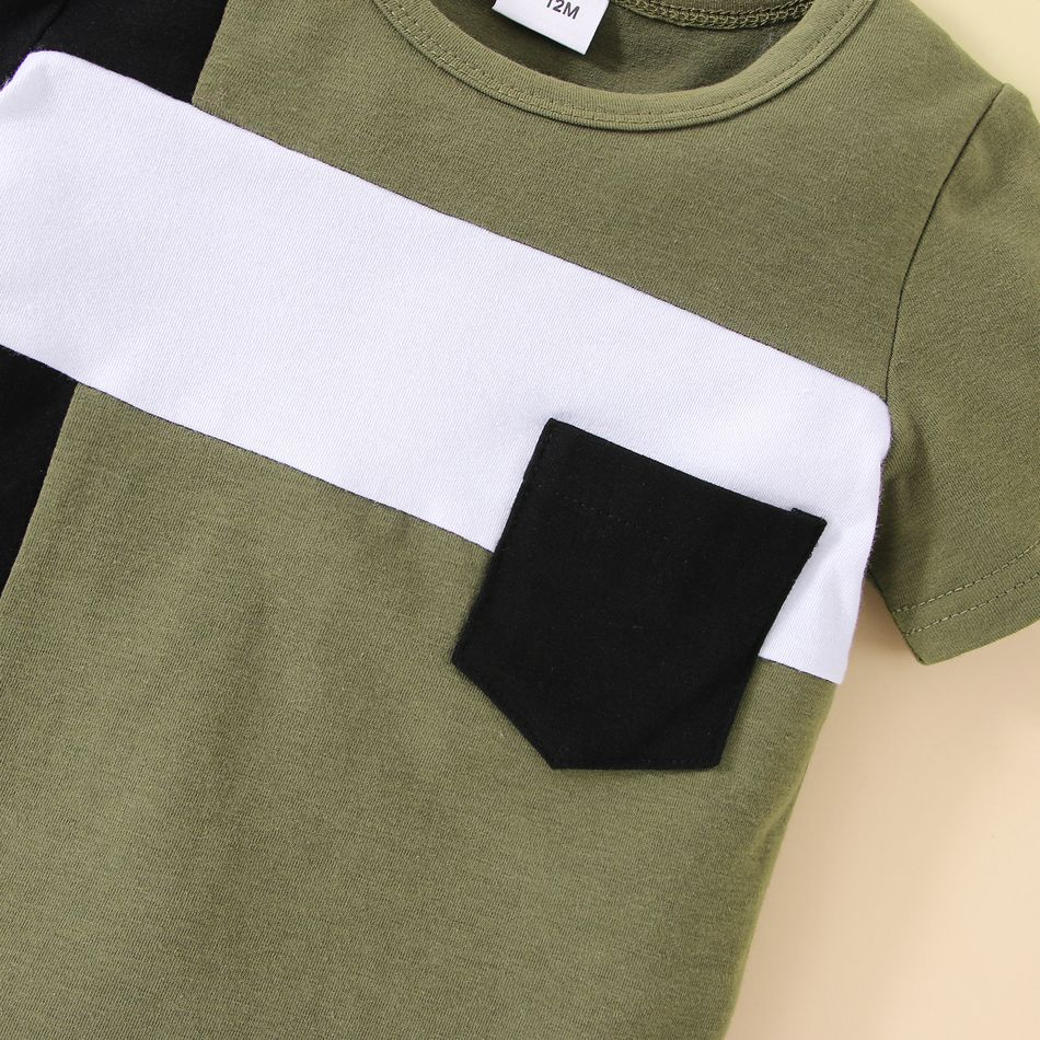 2pcs Baby Boy 95% Cotton Short-sleeve Colorblock T-shirt and Shorts Set Army green big image 3
