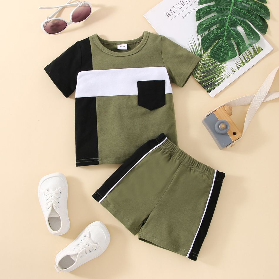 2pcs Baby Boy 95% Cotton Short-sleeve Colorblock T-shirt and Shorts Set Army green big image 6