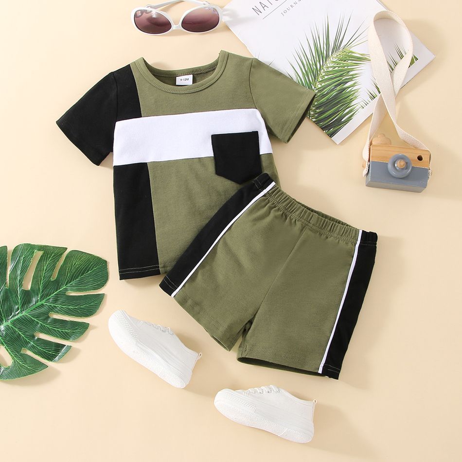 2pcs Baby Boy 95% Cotton Short-sleeve Colorblock T-shirt and Shorts Set Army green big image 8