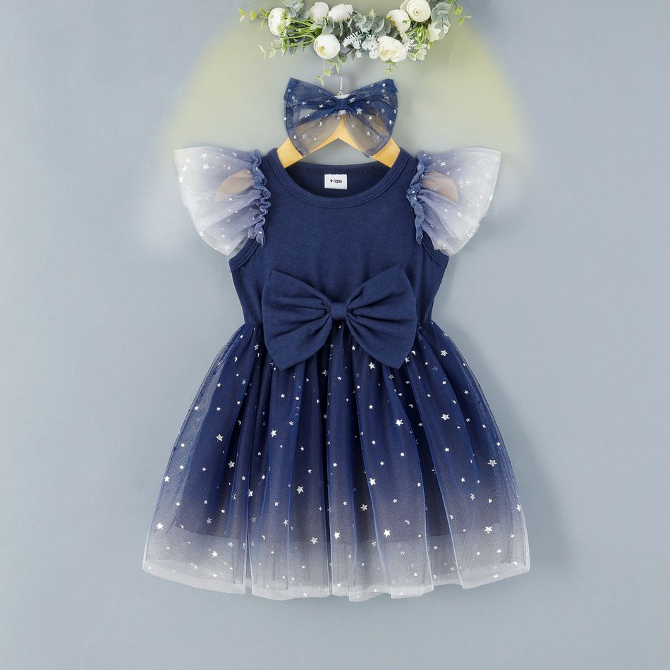 2pcs Baby Girl Bow Front Flutter-sleeve Starry Mesh Party Dress with Headband Set Navy