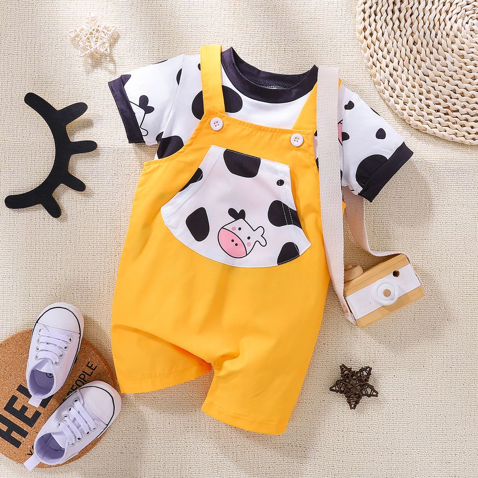 2pcs Baby Boy/Girl Cartoon Cow Print Short-sleeve Top and Overalls Shorts Set Yellow