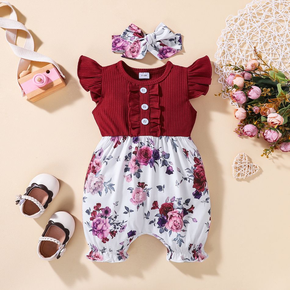 Floral Party Baby Girl 2pcs Ribbed Ruffle Decor Floral Print Flutter-sleeve Red Romper with Headband Set Burgundy