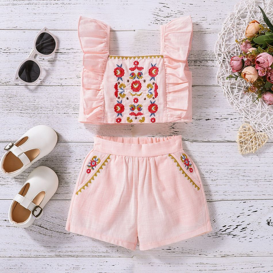 Ethnic Style Baby Girl 100% Cotton Floral Embroidery Ruffle Decor Flutter-sleeve Top and Shorts Pink Set Light Pink