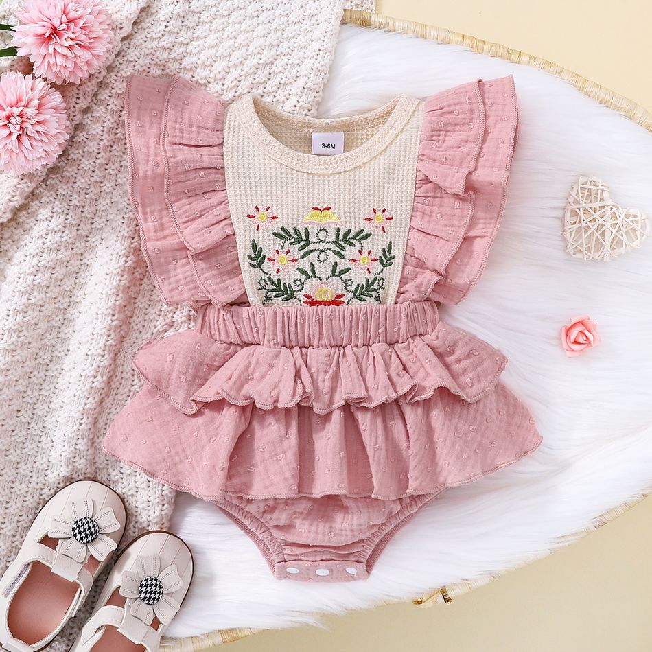 Summer Picnic Baby Girl 100% Cotton Jacquard Crepe Floral Embroidered Waffle Flutter-sleeve Pink Romper Light Pink