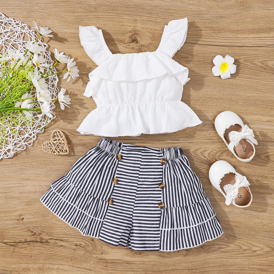 2pcs Baby Girl 100% Cotton Striped Layered Skirt and Ruffle Trim Tank Top Set White