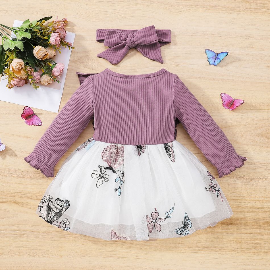 2pcs Baby Girl 95% Cotton Long-sleeve Rib Knit Ruffle Trim Bowknot Spliced Butterfly Embroidered Mesh Dress with Headband Set Purple big image 2