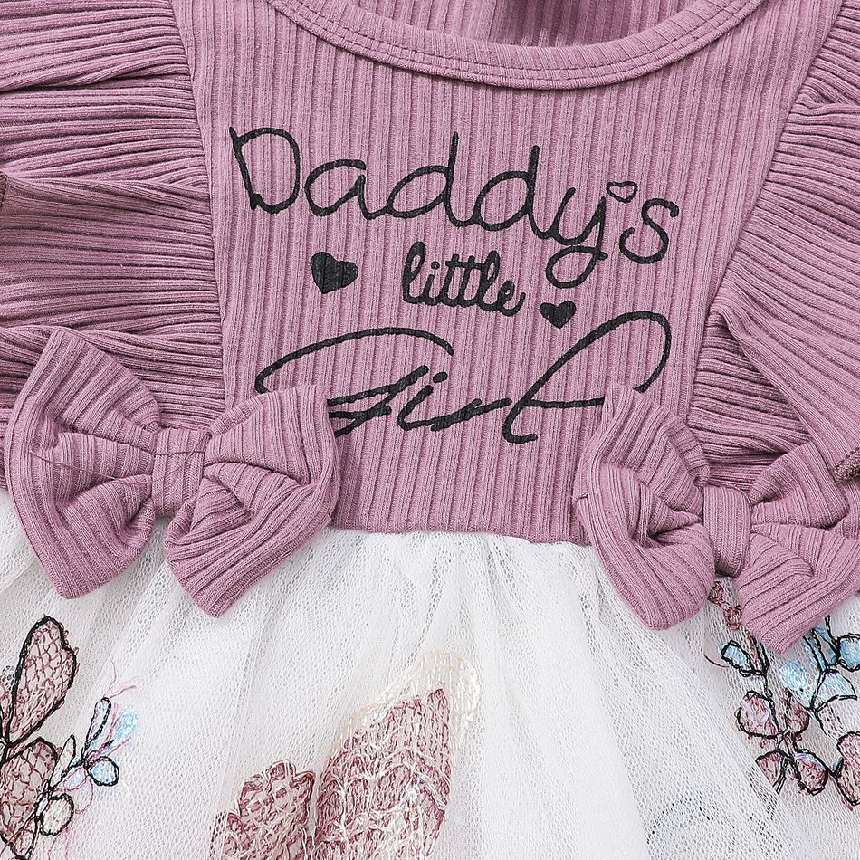 2pcs Baby Girl 95% Cotton Long-sleeve Rib Knit Ruffle Trim Bowknot Spliced Butterfly Embroidered Mesh Dress with Headband Set Purple big image 5
