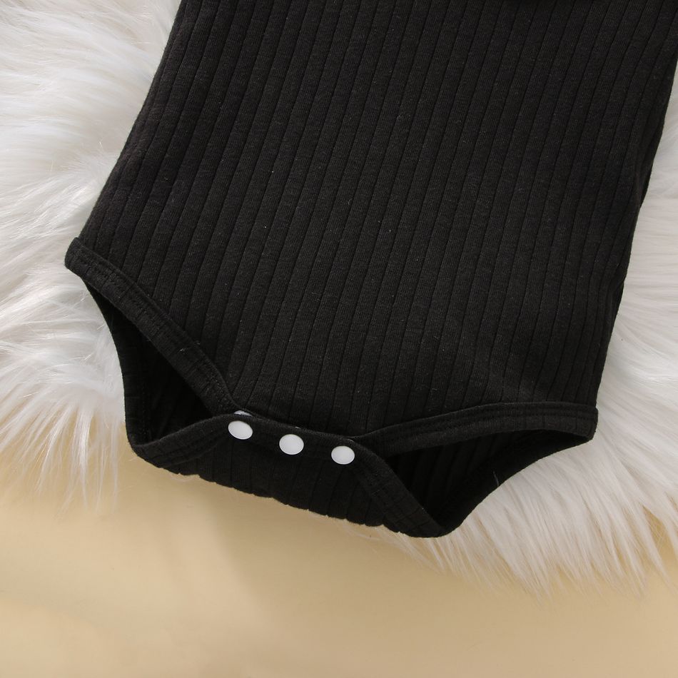3pcs Baby Girl 95% Cotton Rib Knit Spliced Lace Ruffle Long-sleeve Romper and Bow Front Plaid Suspender Skirt with Headband Set Black big image 5