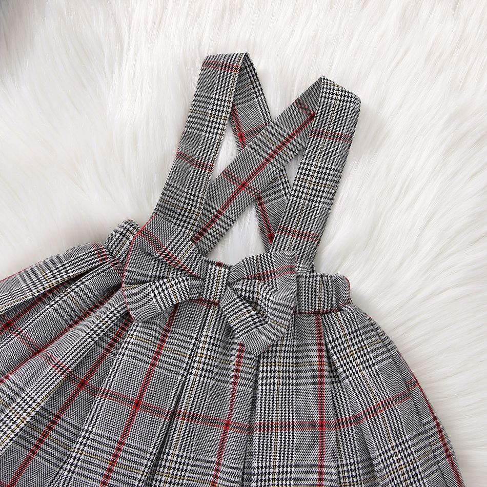 3pcs Baby Girl 95% Cotton Rib Knit Spliced Lace Ruffle Long-sleeve Romper and Bow Front Plaid Suspender Skirt with Headband Set Black big image 7