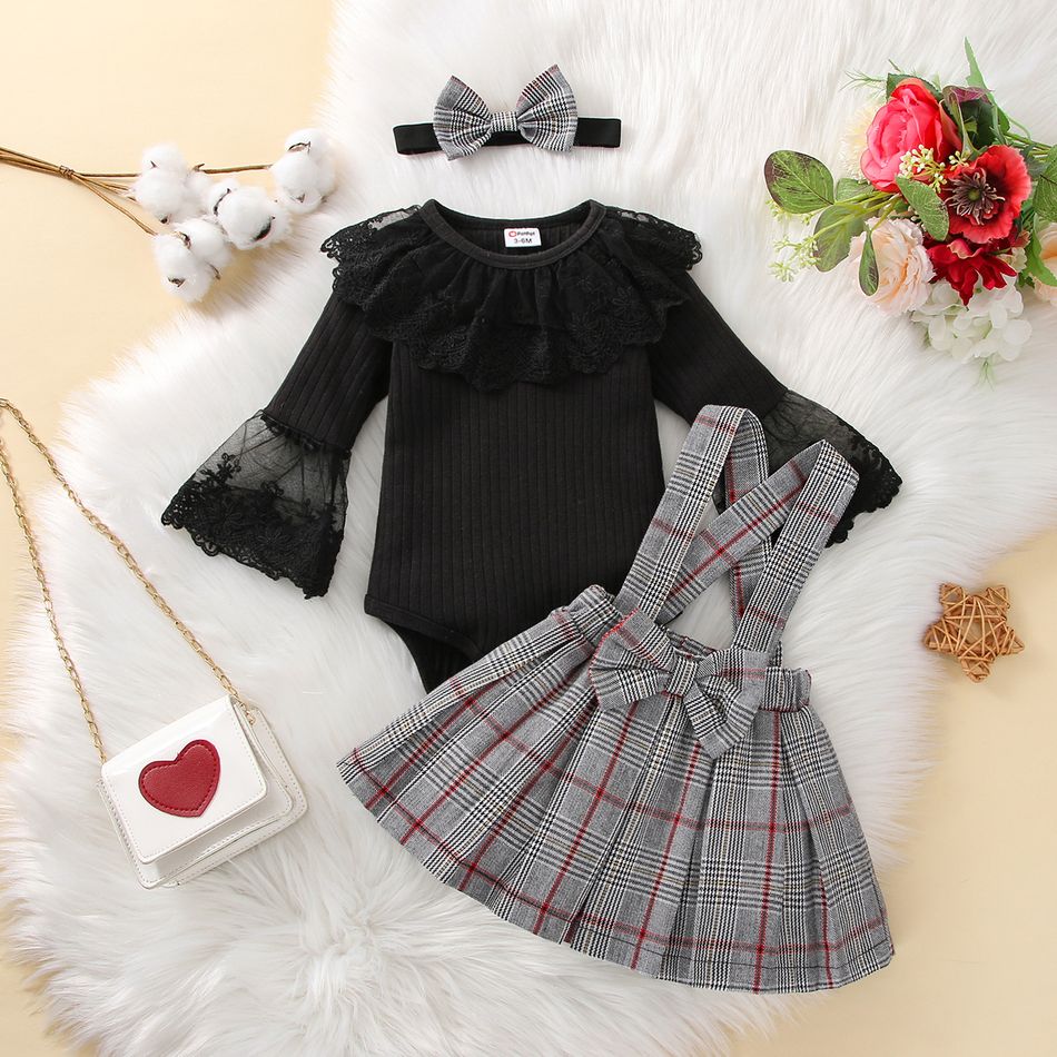 3pcs Baby Girl 95% Cotton Rib Knit Spliced Lace Ruffle Long-sleeve Romper and Bow Front Plaid Suspender Skirt with Headband Set Black big image 3