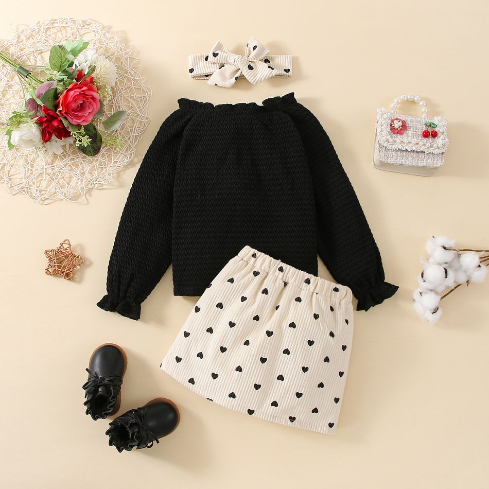 2pcs Toddler Girl Off Shoulder Textured Long-sleeve Black Tee and Heart Print Belted Corduroy Skirt Set White big image 3