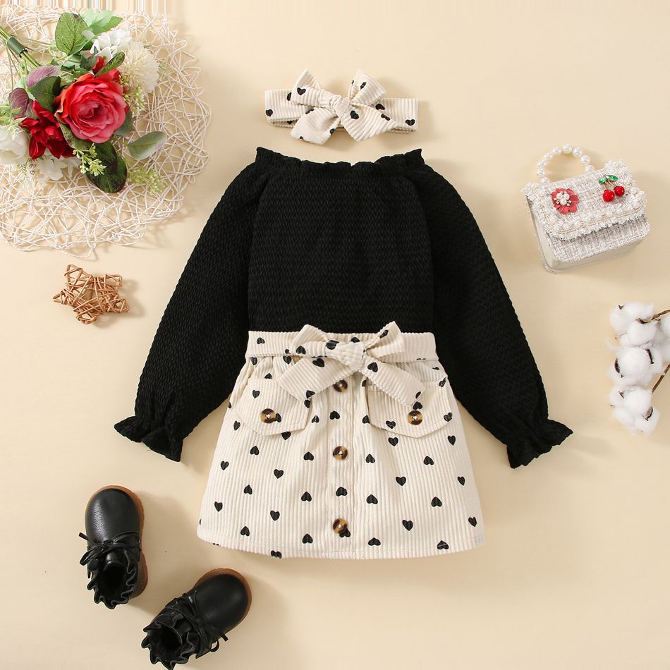2pcs Toddler Girl Off Shoulder Textured Long-sleeve Black Tee and Heart Print Belted Corduroy Skirt Set White big image 1