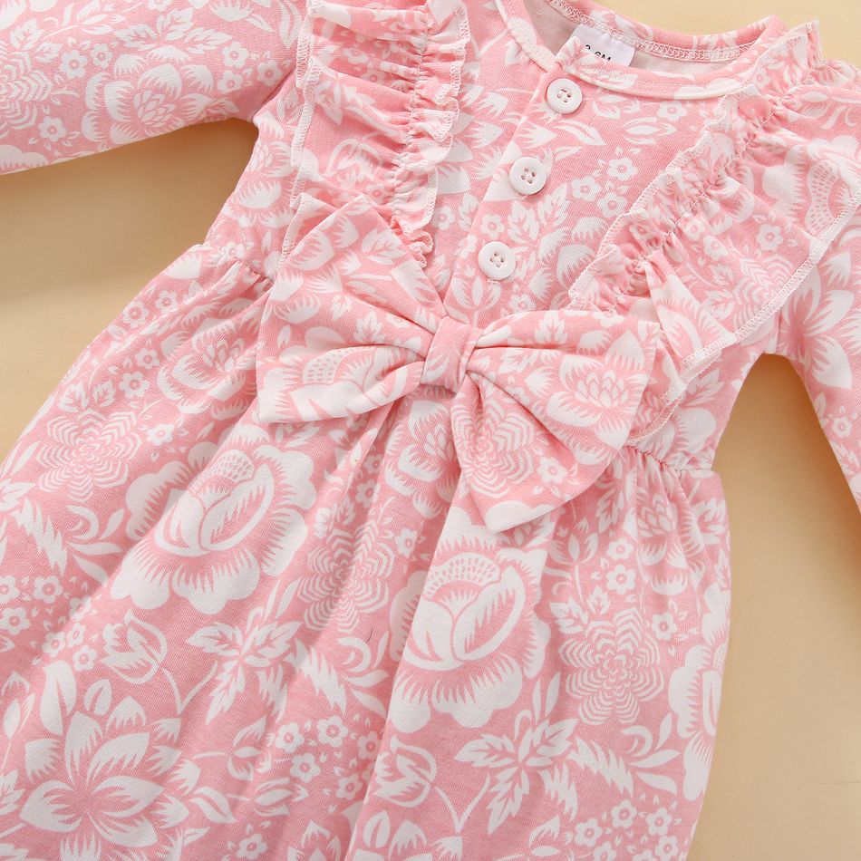 Baby Girl 100% Cotton Floral Ruffle and Bow Decor Long-sleeve Pink Jumpsuit with Headband Set Pink big image 4