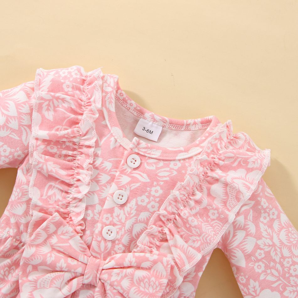 Baby Girl 100% Cotton Floral Ruffle and Bow Decor Long-sleeve Pink Jumpsuit with Headband Set Pink big image 5