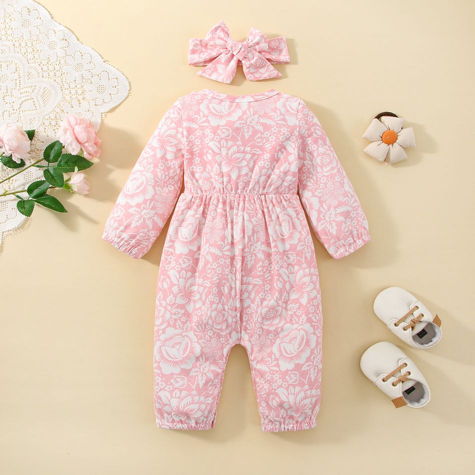 Baby Girl 100% Cotton Floral Ruffle and Bow Decor Long-sleeve Pink Jumpsuit with Headband Set Pink big image 3