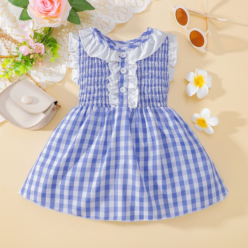 Summer Picnic Baby Girl Shirred Plaid Ruffle Decor Sleeveless Blue Tank Dress Blue