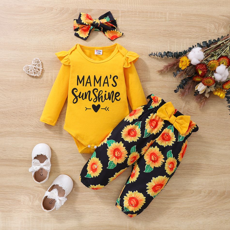 3pcs Baby Girl 95% Cotton Long-sleeve Letter Print Romper and Bow Front Allover Sunflower Print Pants with Headband Set Yellow big image 1