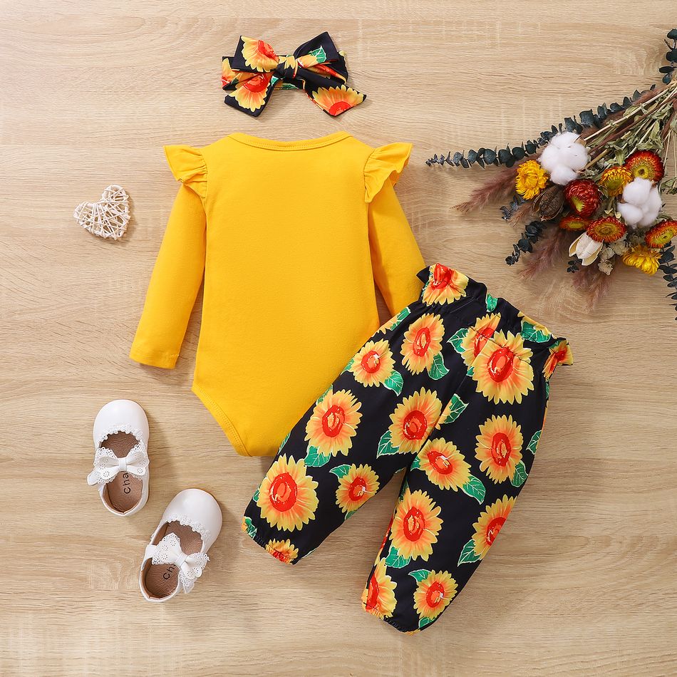 3pcs Baby Girl 95% Cotton Long-sleeve Letter Print Romper and Bow Front Allover Sunflower Print Pants with Headband Set Yellow big image 2