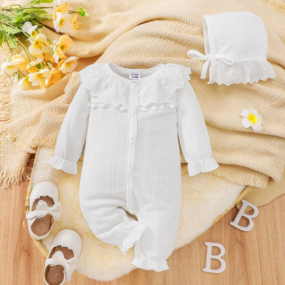 Baby Girl 2pcs Solid Textured Lace and Pompon Decor Long-sleeve Jumpsuit with Hat White Set White