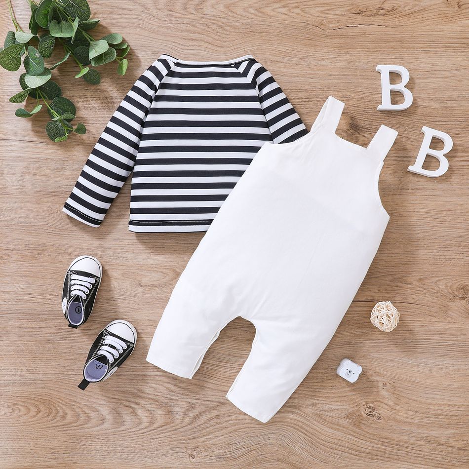 2pcs Baby Boy/Girl 95% Cotton Panda Print Overalls and Long-sleeve Striped Tee Set White big image 2