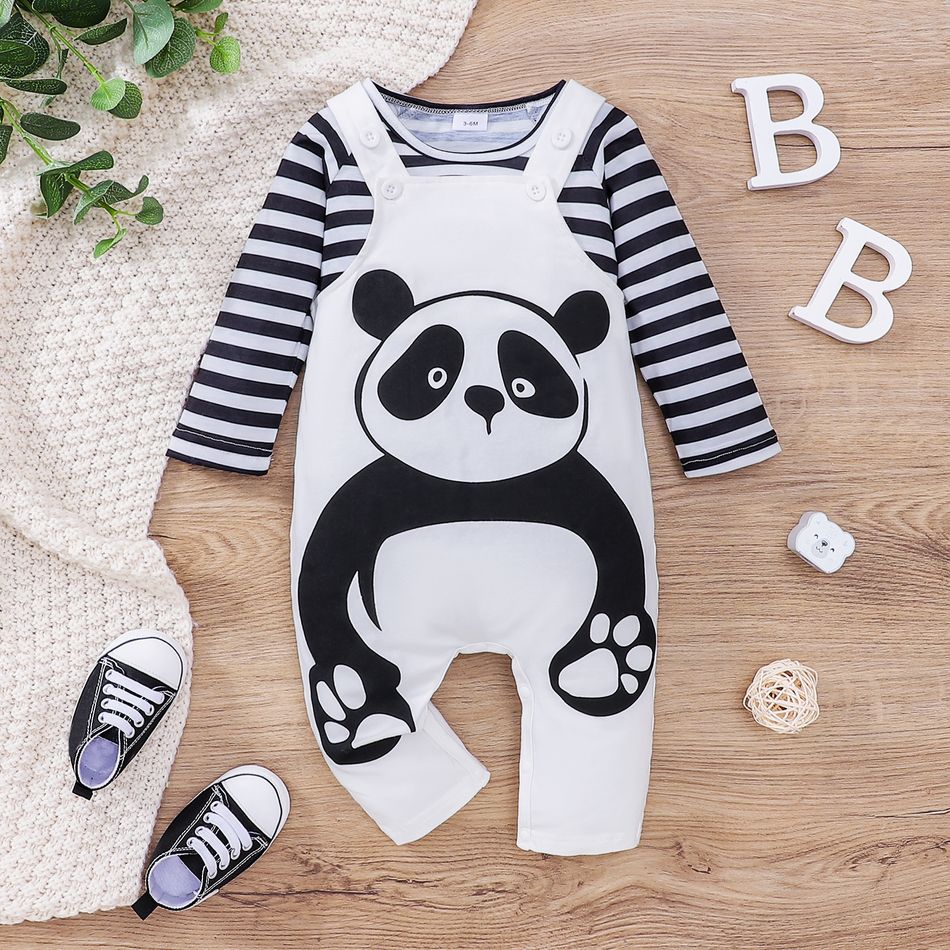 2pcs Baby Boy/Girl 95% Cotton Panda Print Overalls and Long-sleeve Striped Tee Set White