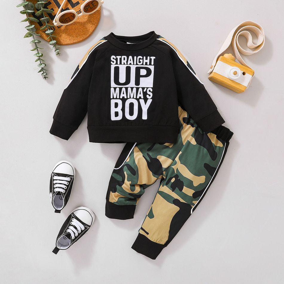 2pcs Baby Boy Long-sleeve Letter Print Sweatshirt and Camouflage Print Sweatpants Set Army green big image 1