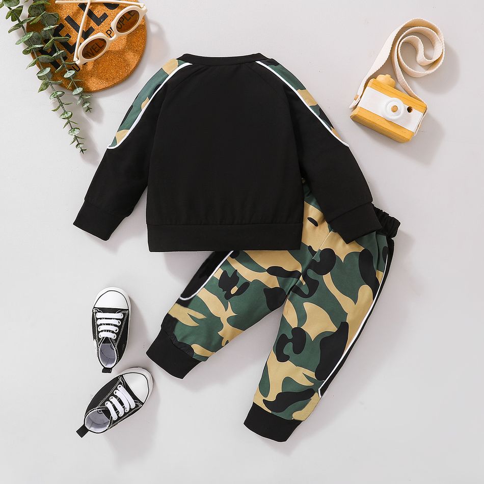 2pcs Baby Boy Long-sleeve Letter Print Sweatshirt and Camouflage Print Sweatpants Set Army green big image 2
