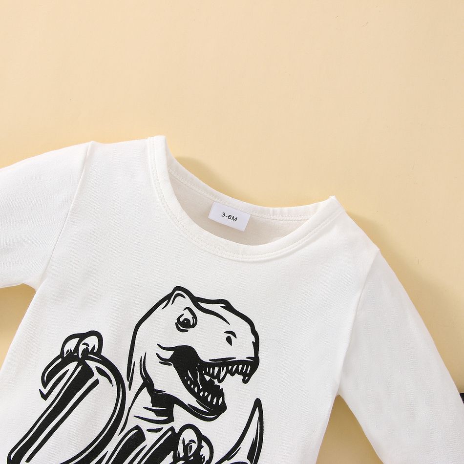 3pcs Baby Boy Long-sleeve Letter & Dinosaur Print Romper and Pants with Hat Set White big image 3