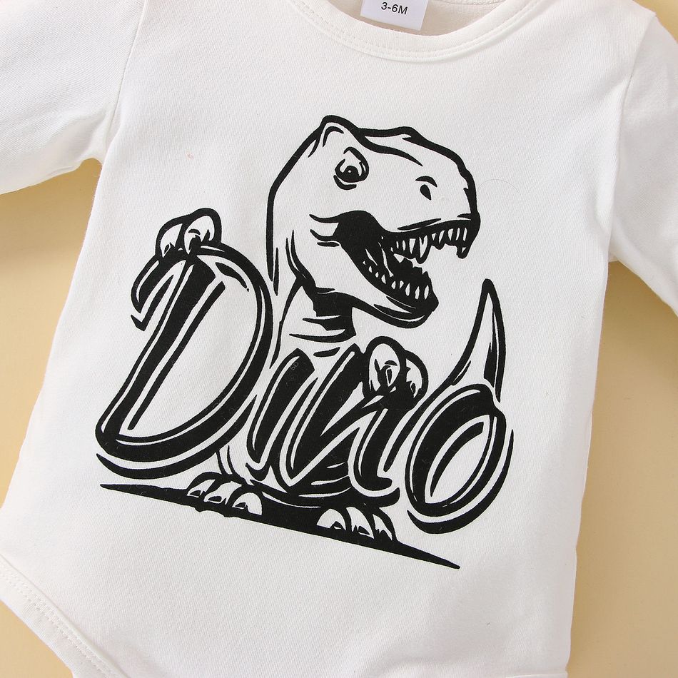 3pcs Baby Boy Long-sleeve Letter & Dinosaur Print Romper and Pants with Hat Set White big image 4