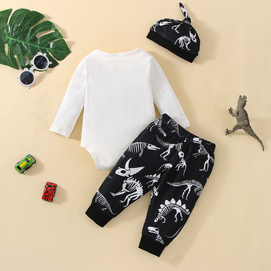 3pcs Baby Boy Long-sleeve Letter & Dinosaur Print Romper and Pants with Hat Set White big image 2
