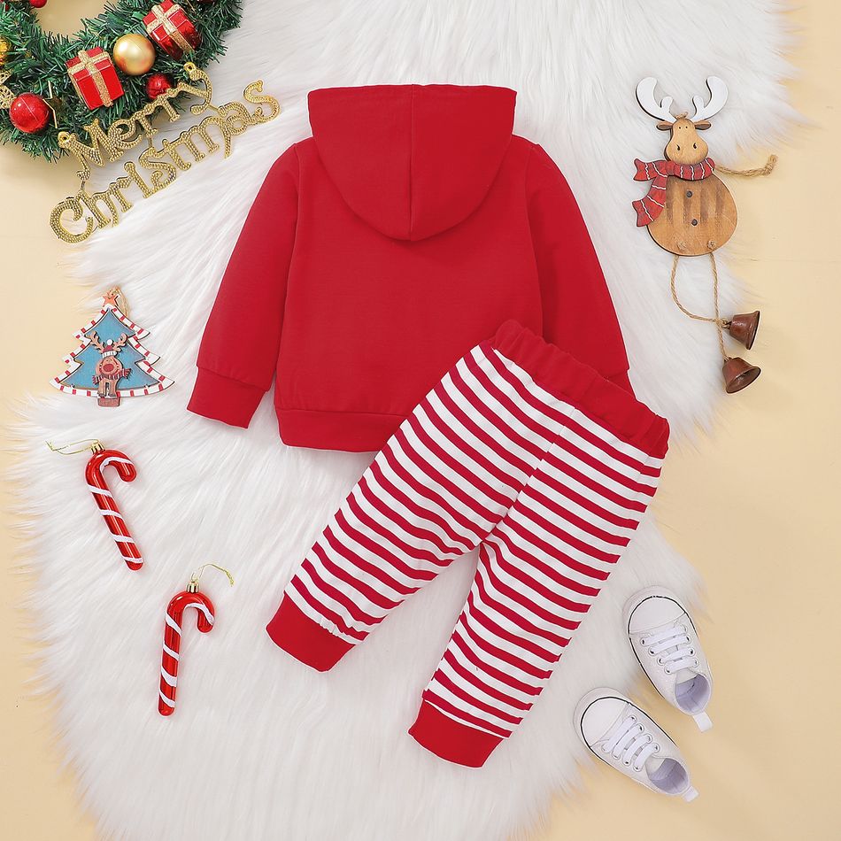 Christmas 2pcs Baby Boy/Girl Deer Embroidered Long-sleeve Hoodie and Striped Sweatpants Set Red big image 2