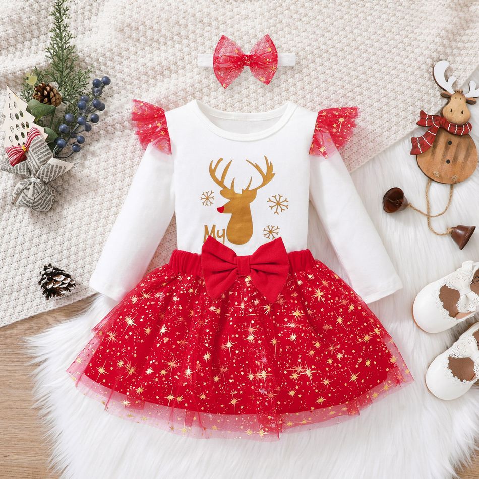 Christmas 3pcs Baby Girl Reindeer & Letter Print Ruffle Long-sleeve Romper and Glitter Mesh Skirt with Headband Set REDWHITE big image 3