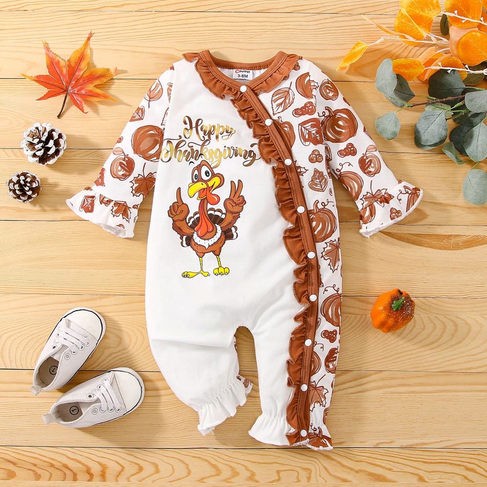 Thanksgiving Baby Girl Turkey & Letter Graphic Spliced Allover Print Long-sleeve Button Front Jumpsuit White big image 1
