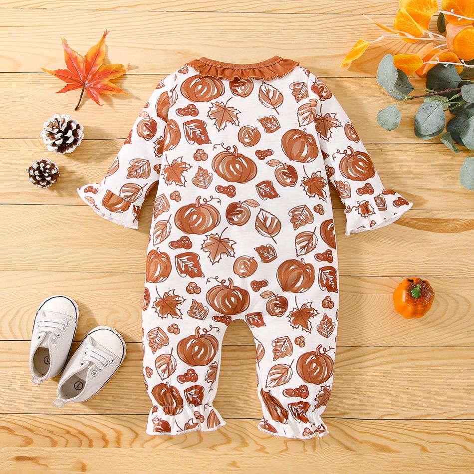 Thanksgiving Baby Girl Turkey & Letter Graphic Spliced Allover Print Long-sleeve Button Front Jumpsuit White big image 2