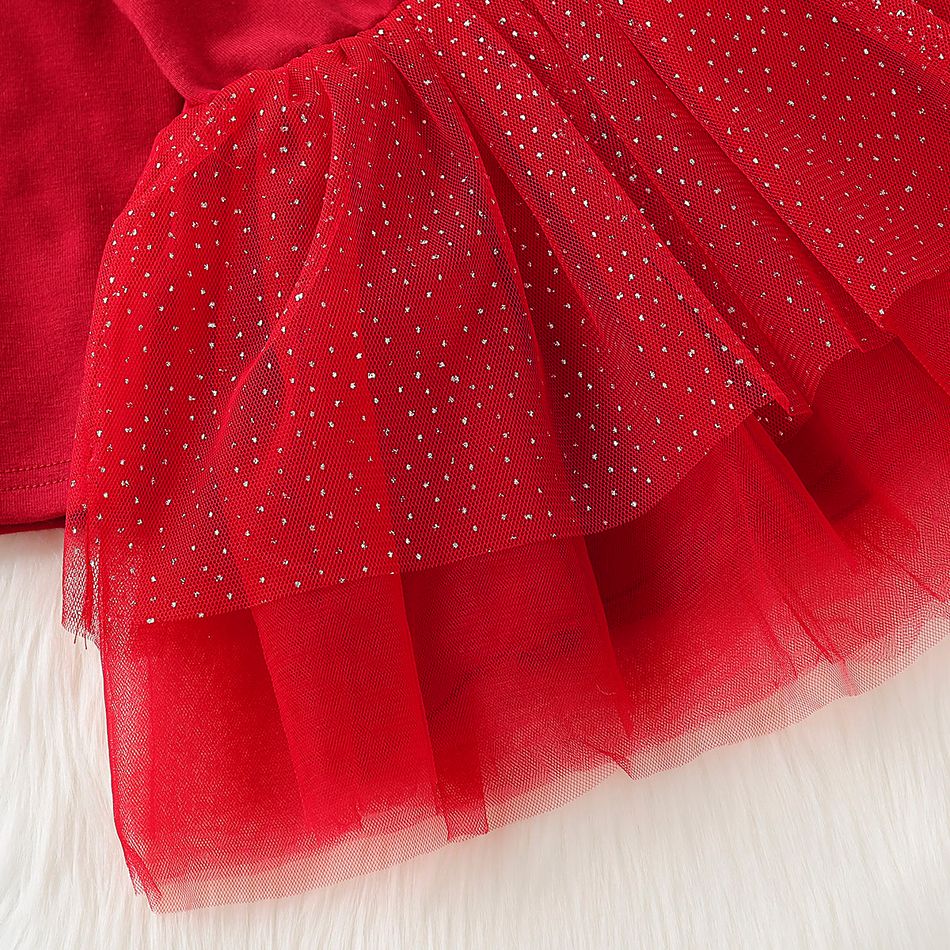 Christmas Baby Girl 95% Cotton Long-sleeve Deer Embroidered Spliced Glitter Mesh Dress Red