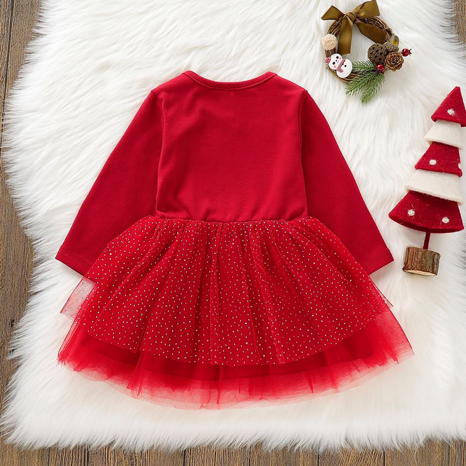 Christmas Baby Girl 95% Cotton Long-sleeve Deer Embroidered Spliced Glitter Mesh Dress Red big image 2