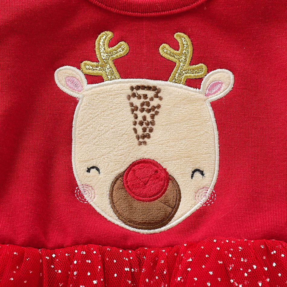 Christmas Baby Girl 95% Cotton Long-sleeve Deer Embroidered Spliced Glitter Mesh Dress Red big image 4