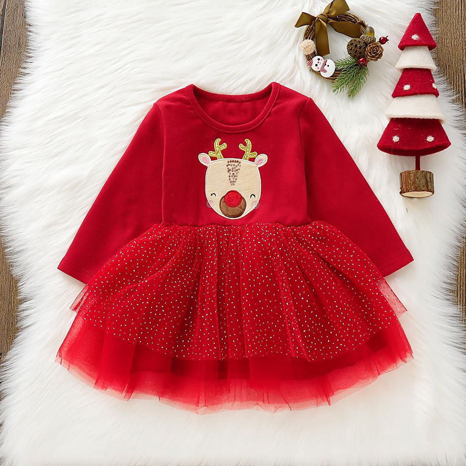 Christmas Baby Girl 95% Cotton Long-sleeve Deer Embroidered Spliced Glitter Mesh Dress Red