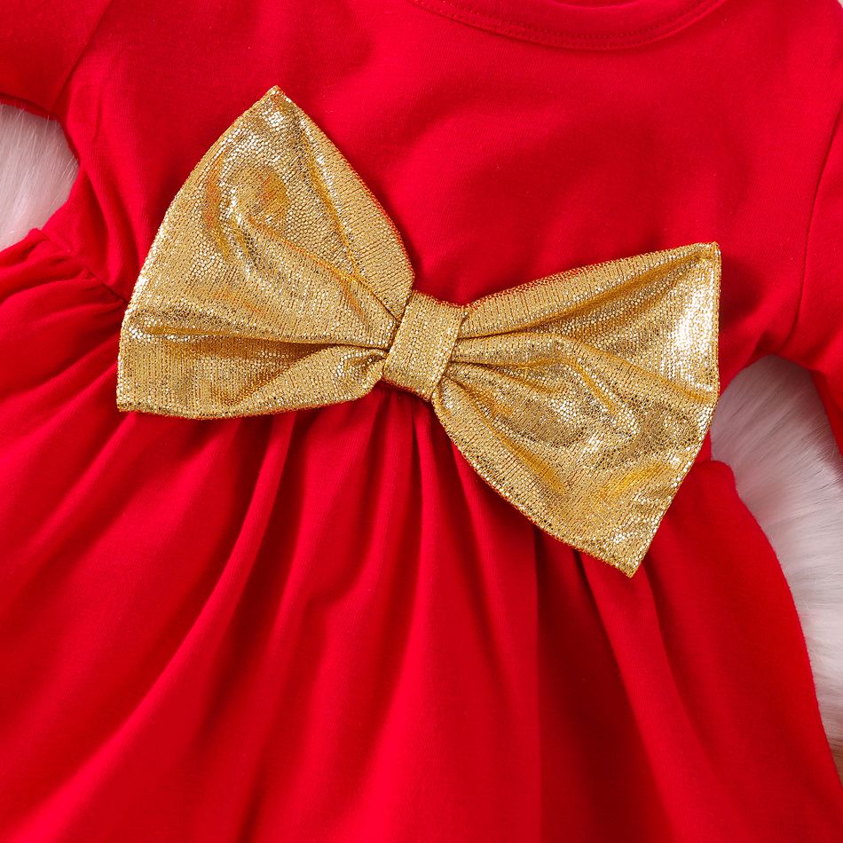Christmas 2pcs Baby Girl Red Flare-sleeve Bow Front Lace Trim Dress with Headband Set Red big image 4