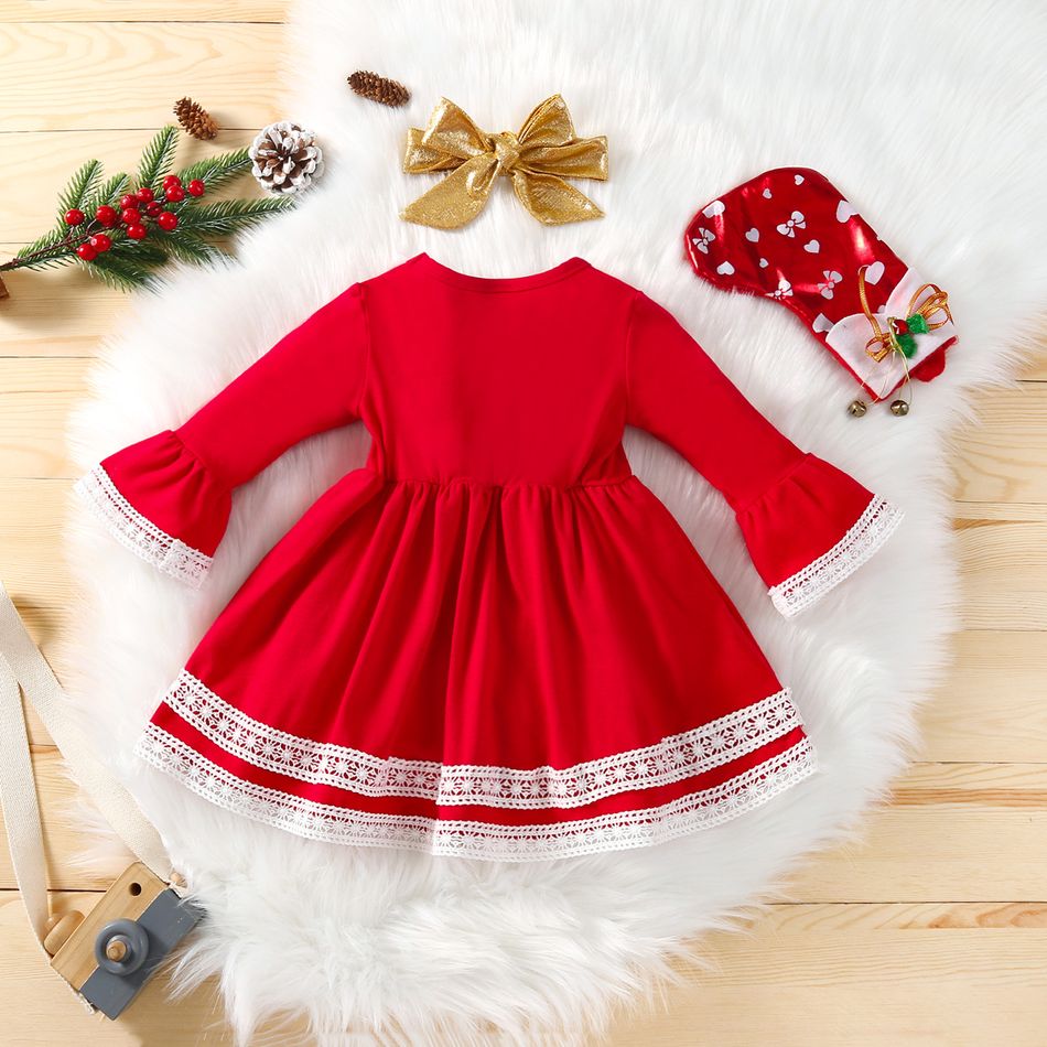 Christmas 2pcs Baby Girl Red Flare-sleeve Bow Front Lace Trim Dress with Headband Set Red big image 2
