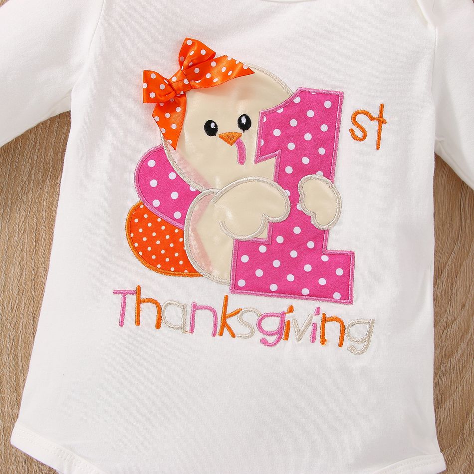 Thanksgiving Day 3pcs Baby Girl 95% Cotton Long-sleeve Turkey & Letter Embroidered Romper and Polka Dot Print Skirt with Headband Set Pink big image 5